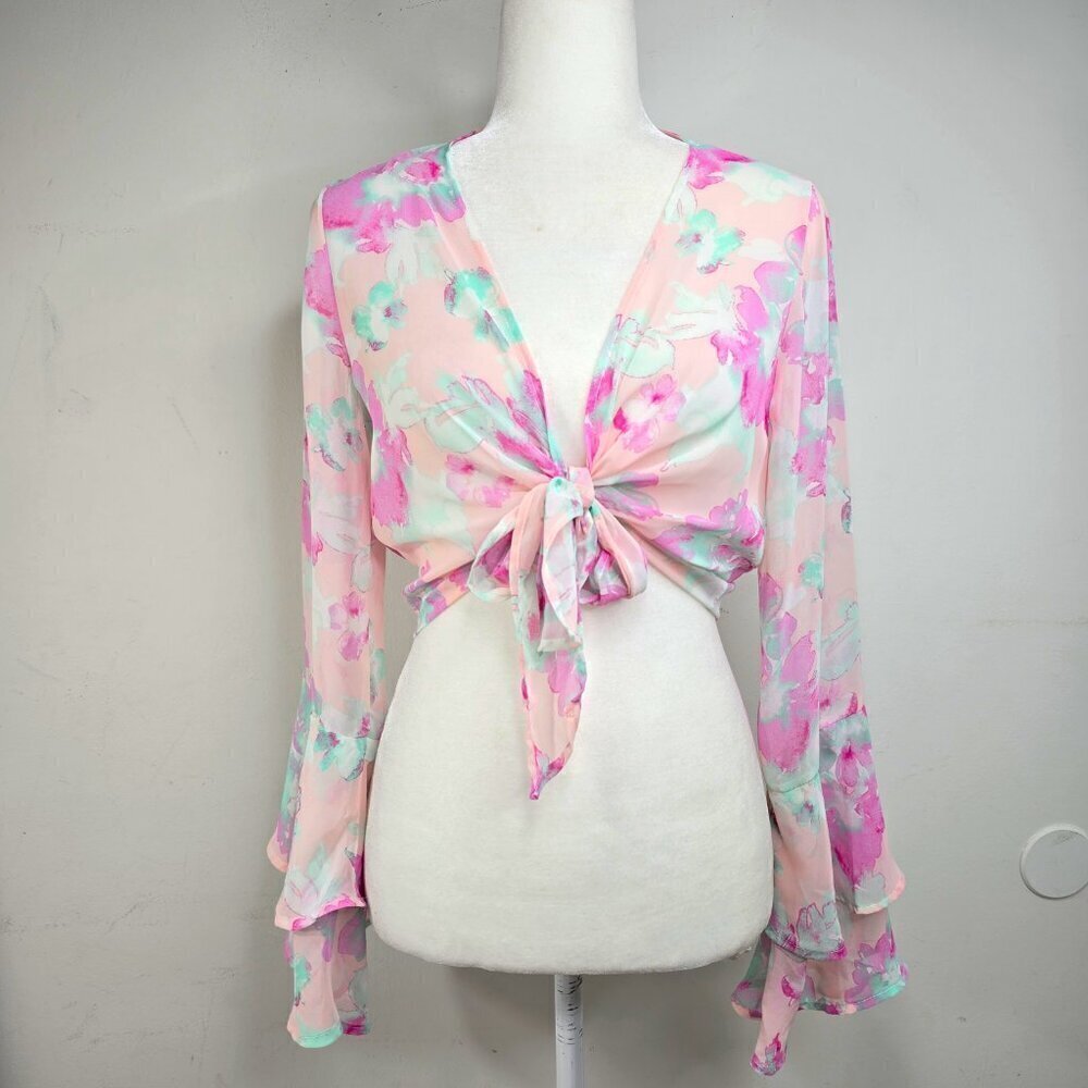ModCloth Peach Love Pink Fairy Whimsical Sheer Bell Sleeve Tie Front Crop Top